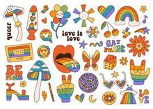 Big Set Of Rainbow Multicolor LGBTQ Elements In 70s Cute Retro Hand Drawn Style. Homosexuality Rights Pride Month Parade Decoration Stickers Collection. Vintage Linear Vector Illustration.