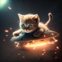 Wall Mural - Cute fluffy kitten driving UFO in space. Funny cat rides sci-fi spacecraft or alien spaceship. Generated AI. Generative AI