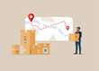 © Vadym - Courier brought package. Tablet with tracker, map with delivery tracking. GPS navigator pointer. Delivery services. Stay safe concept. Flat vector illustration.