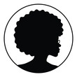 Silhouette cameo of an African American woman with an afro and glasses in a round frame