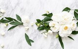 Fototapeta Kwiaty - Wedding floral still life composition. Bouquet of white peony flowers, olive branches on marble table with silk cloth and ribbon. Vintage feminine photo, flat lay, top view, no people. Generative AI