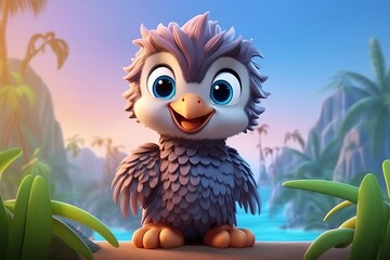 Wall Mural - a cute adorable baby eagle in nature rendered in the style of children-friendly cartoon animation fantasy style  created by AI