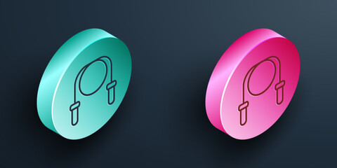 Canvas Print - Isometric line Jump rope icon isolated on black background. Skipping rope. Sport equipment. Turquoise and pink circle button. Vector