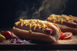 Appetizing hot-dog with sausage, vegatables and sauce