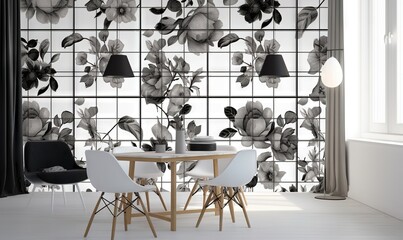 Poster -  a dining room with a table and chairs next to a wall with flowers on it.  generative ai