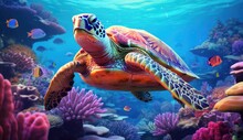 Green Sea Turtle Swimming In The Ocean. Created With Generative AI Tools