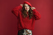 happy elegant female in red sweater and beret