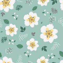 Wall Mural - White flower pattern. Doodle spring background with floral elements. Summertime fabric vector seamless texture