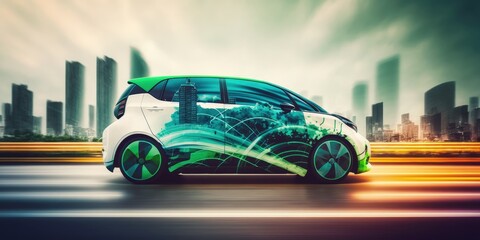 Wall Mural - Futuristic electric car driving on urban highway road. distinct generative AI image.