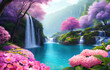 Paradise land with beautiful  gardens, waterfalls and flowers, magical idyllic background with many flowers in eden. Generative Ai.