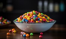  A Bowl Full Of Colorful Candy Beans On A Table With Other Candies.  Generative Ai