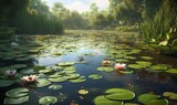  a pond filled with lots of water lilies surrounded by greenery.  generative ai