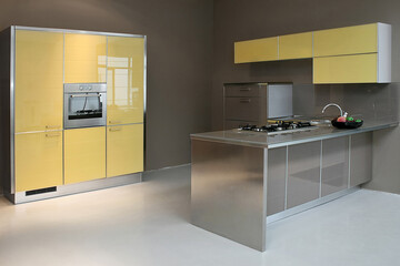 Wall Mural - New modern kitchen in yellow with metal