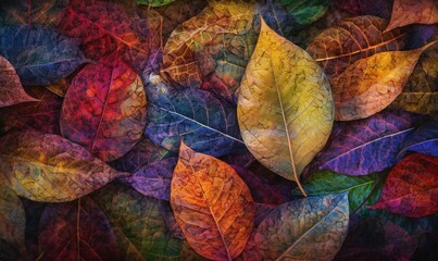 Poster -  a bunch of colorful leaves that are on the ground together.  generative ai