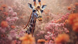 © AnArtificialWonder - Giraffe Surrounded by Beautiful Flowers in a Muted Pastel Aesthetic with Surrealism Elements - Dreamy Background - Generative AI
