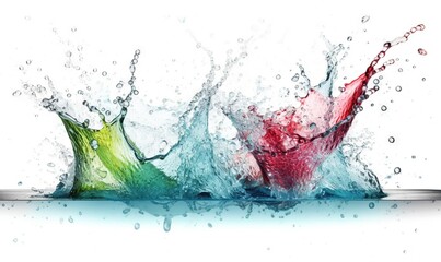  two colorful water splashes on a white surface with a white background.  generative ai