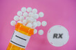 Risperidone Rx medicine pills in plactic vial with tablets. Pills spilling   from yellow container on pink background.