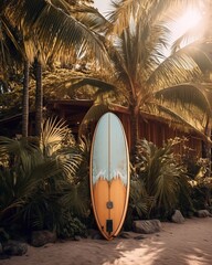 Wall Mural -  Futuristic surfboard on a beautiful and tropical beach, near a cosy beach shack, noon mood, palm trees, tropical plants. AI generated