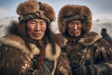 Portrait Of Two People In Coat Traditional Mongolian Eagle Hunter. Generative Ai 