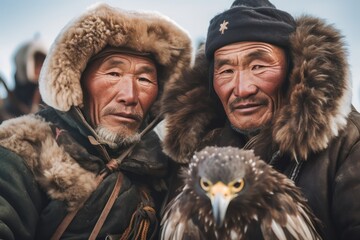 portrait of two people and an eagle hunter traditional Mongolian eagle hunter. Generative Ai 