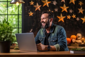 a person working on a laptop and smiling with Ai Generated