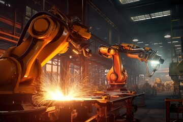 Canvas Print - Robot arm welds structures in a modern production facility with Ai Generated.
