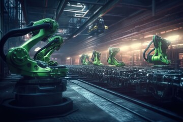Wall Mural - Green robotic arm line production in the factory with Ai Generated.
