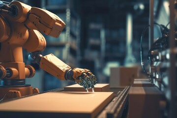 Canvas Print - Automation of cargo with robot arms and warehouse robots with Ai Generated
