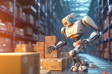 Poster - robot pose worker in the box warehouse with Ai Generated