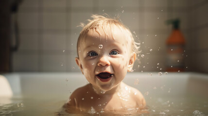 smiling little baby kid in bath, splashing and playing with bubbles at home, joyful concept of care,