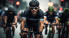 Pro Cyclist In A Bike Race, Looking Determined To Win. Close Up With Shallow Field Of View And Motion Blur. Illustrative, Generative AI. Not A Real Person.