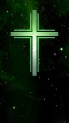Wall Mural - Futuristic Christian cross in ethereal vertical green cyberspace loop. Concept 3d animation of Roman Catholic scifi crucifix as religious sign of a modern spirituality and faith in the digital world