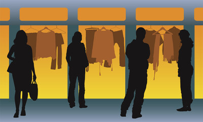 Poster - group of man and woman standing infront of a cloth store