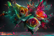Tło, abstrakcyjne akrylowe róże. Tapeta kwiaty, eksplozja kolorów. Generative Ai