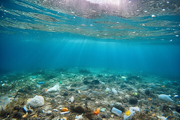 Beneath the sea or the bottom of the ocean, filled with trash and plastic waste, is a broad flag for environmental and recycling concepts ,Generative AI
