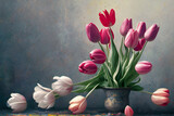 Fototapeta Tulipany - Wiosenne kolorowe kwiaty tulipany. Generative AI