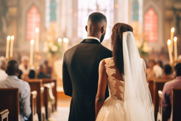 Wall Mural - Amazing african american couple in church ceremony at wedding. Generative AI.