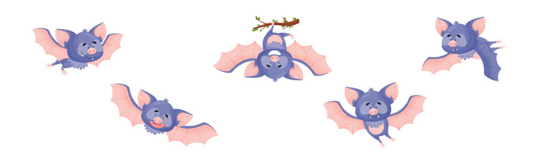 Wall Mural - funny purple bat character engaged in different activity vector set