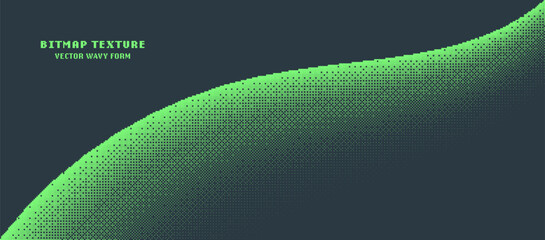 Wall Mural - Pixel Art Style Bitmap Texture Wavy Form Vector Noise Dither Wide Abstraction. 8 Bit Console Retro Arcade Video Game Wide Wallpaper. Digital Bright Green Colour Smooth Curved Shape Modern Illustration