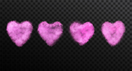 Wall Mural - Set of pink colored heart shaped steam. Vector illustration of realistic smoke effect isolated on transparent background