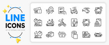 Packing Boxes, Delivery Online And Bus Line Icons Set For App Include Elevator, Delivery Cart, Helicopter Outline Thin Icon. Cash Transit, Boarding Pass, Flight Time Pictogram Icon. Vector