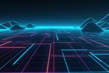 Abstract digital landscape with particles dots and stars on horizon. Wireframe landscape background