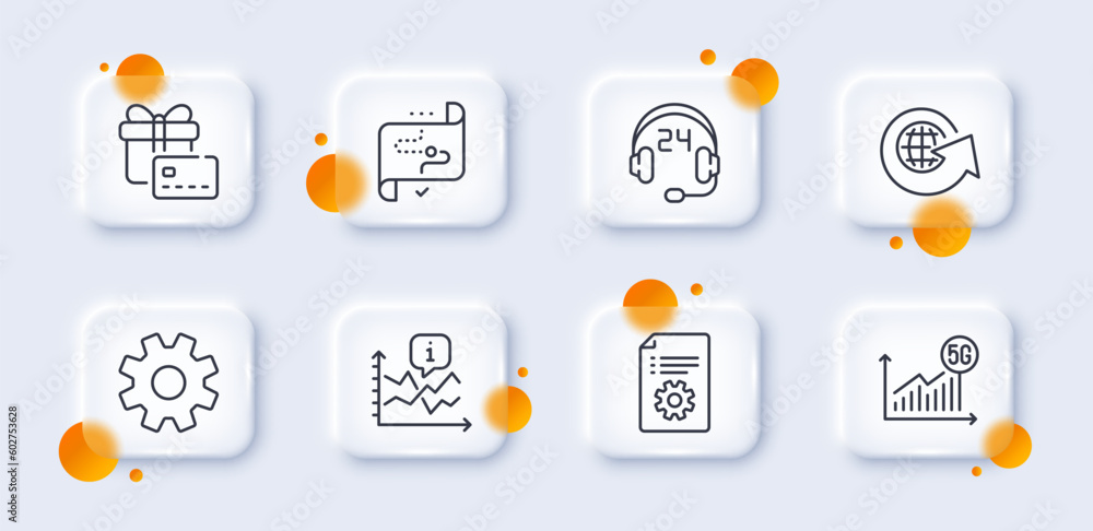 Gift card, 5g statistics and Chart line icons pack. 3d glass buttons ...
