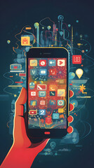 Capture the essence of social media engagement with a close-up shot of a person's hand holding a smartphone, displaying a trending social media app, while surrounded by icons AI GENERATED