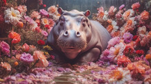 Hippopotamus Surrounded By Beautiful Flowers In A Muted Pastel Aesthetic With Surrealism Elements - Dreamy Background - Generative AI