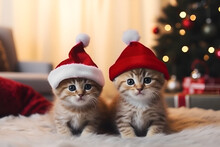 Two Happy Small Pets, A Kitten And A Puppy, Sit In Red Santa Hat, Merry Christmas And Happy New Year, Closeup, Generative AI.