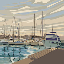 Boats Are Moored In The Marina. Yachts Moored In The Evening Harbor. Sea Landscape With Boats.