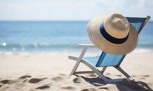  A Straw Hat On A Blue Beach Chair On The Beach.  Generative Ai
