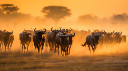 gnu or wildebeest migration in serengeti national park, tanzania at dawn or evening, golden hour, st