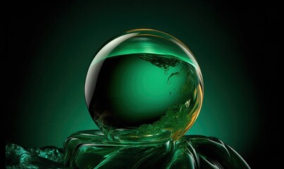 Poster -  a green glass ball sitting on top of a green leaf.  generative ai